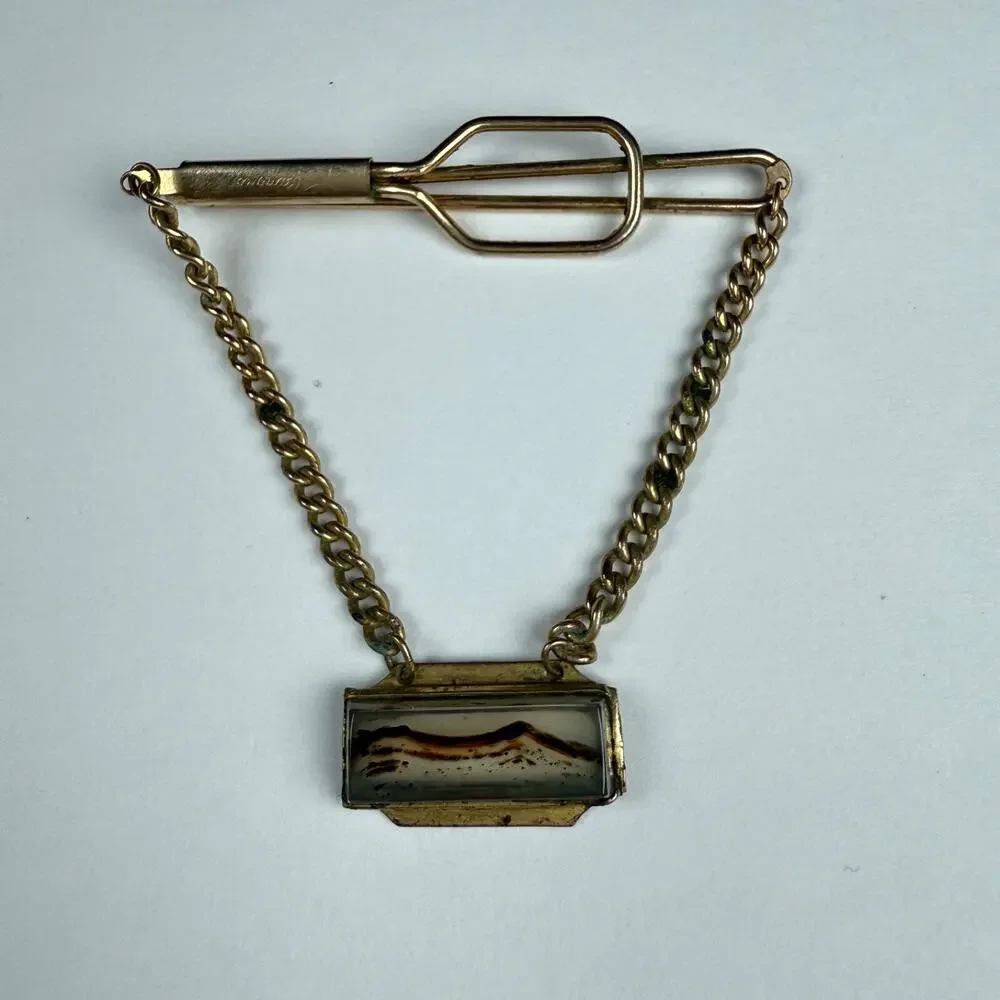 Vintage Campua Gold-Tone Tie Clip with Scenic Inlay Pendant Chain